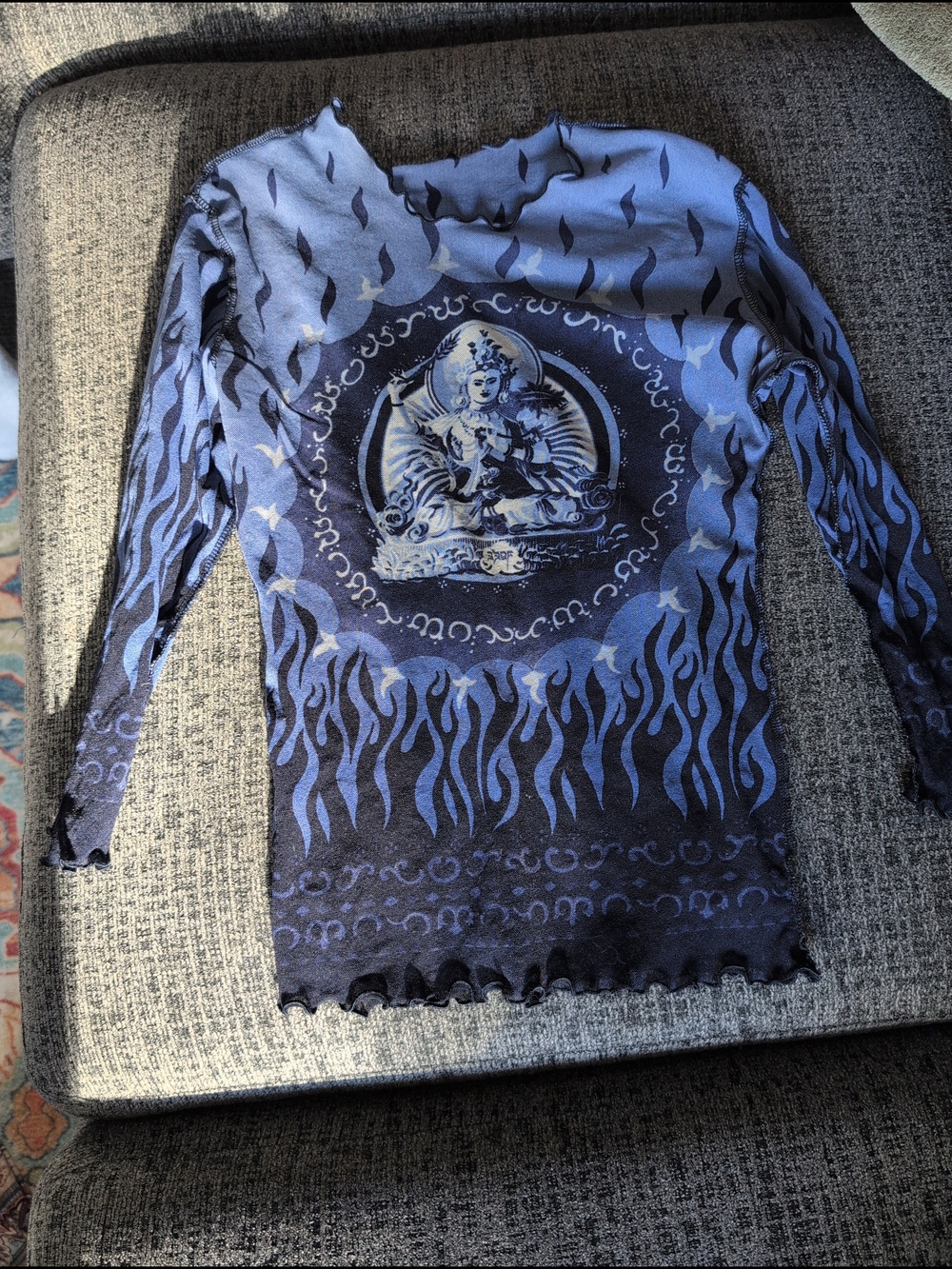 Bebe Y2K Blue Flame Buddha Mesh Top Sheer Cyber Tattoo Club Kid Fairy Grunge S/M